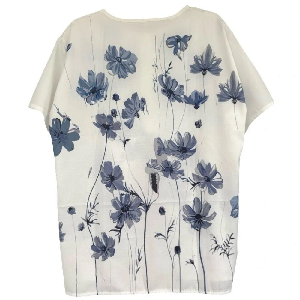 Romantic Vintage Floral Blouse Short Sleeve Cottagecore Blue White Size X Large